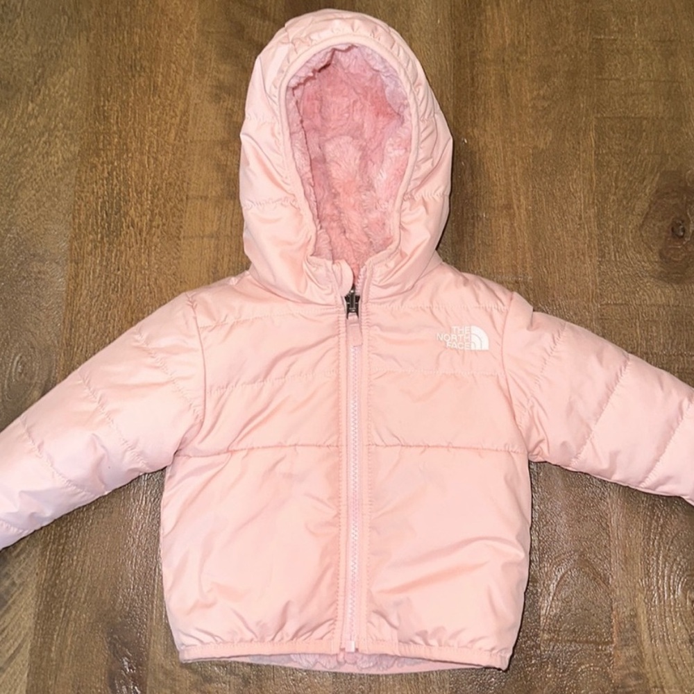 The North Face Girls Pink Reversible Hooded Full Zip Puffer Faux Fur Jacket